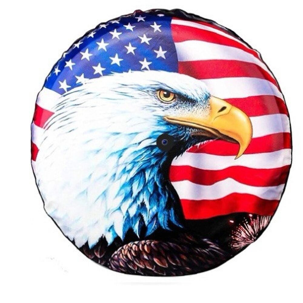 American Flag Spare Tire Cover Weatherproof Universal 14” With Backup Cam Hole